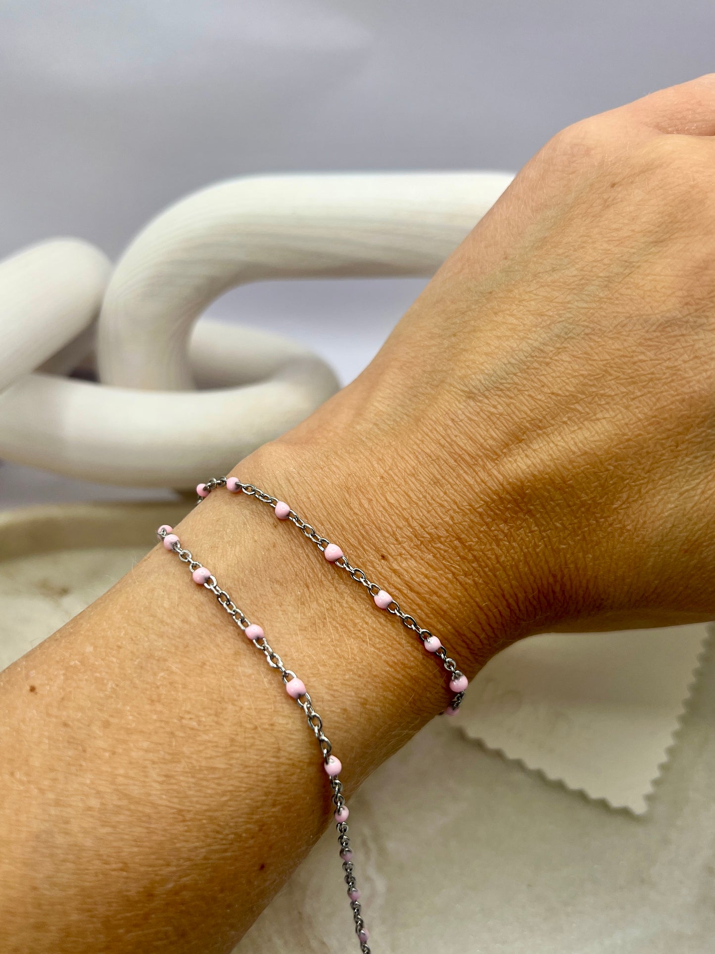 Stainless steel enamel beaded chain - pink