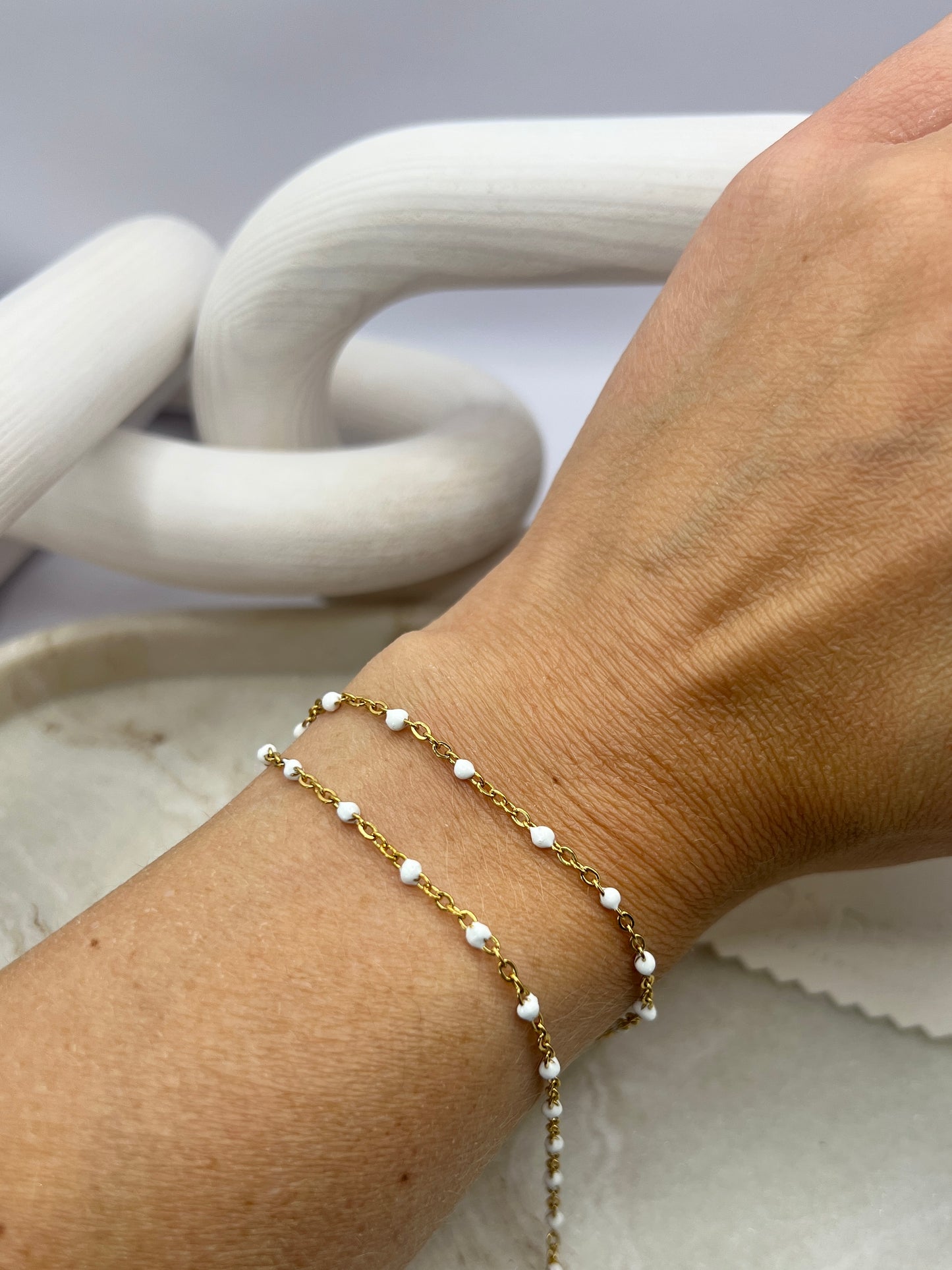 Stainless steel enamel beaded chain - white gold